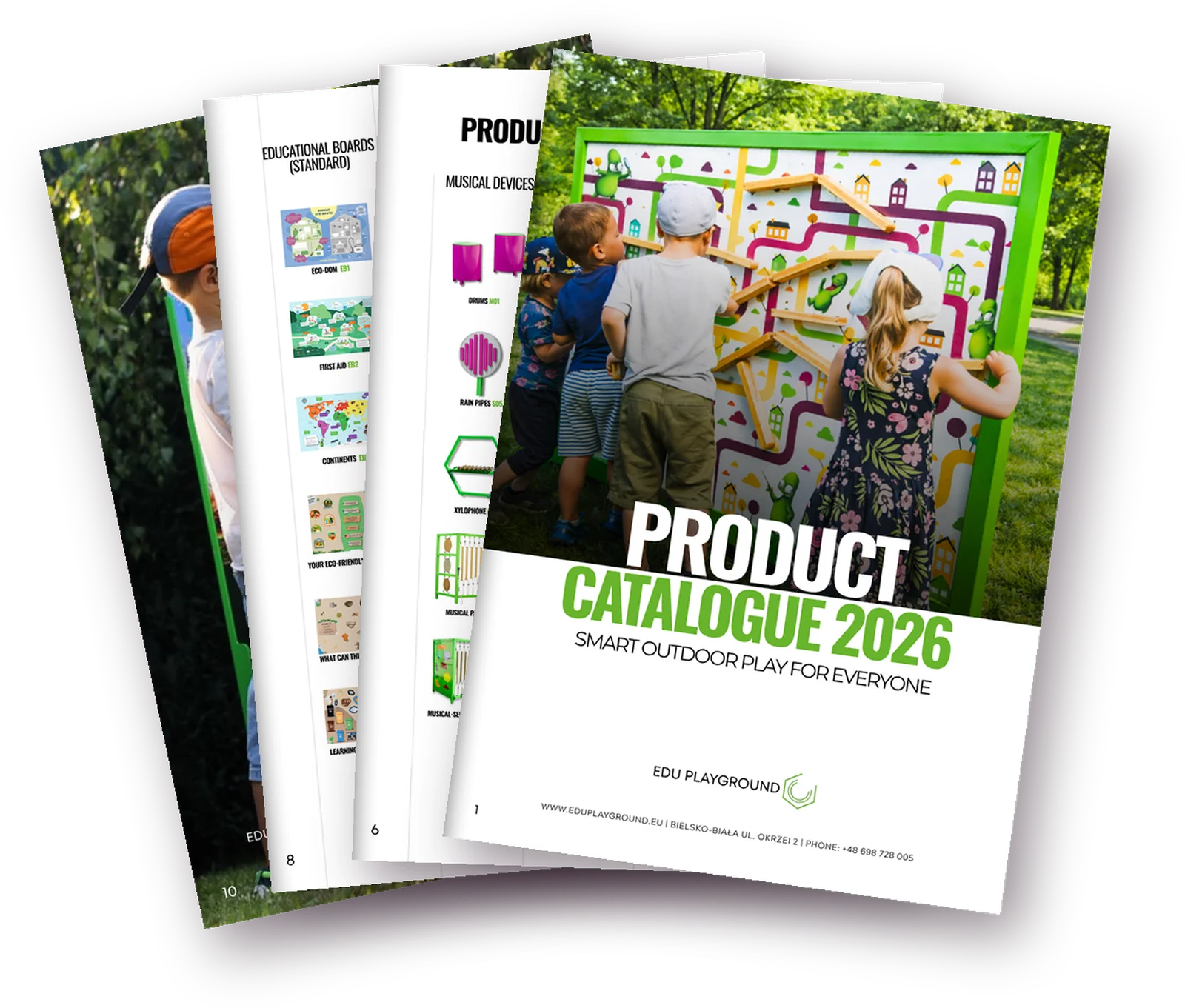 EduPlayground 2026 product catalogue - the cover and open pages with an overview of equipment and educational boards