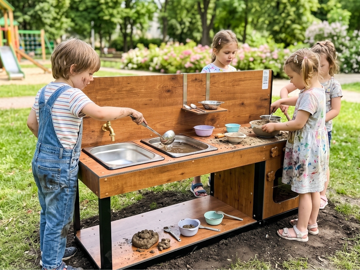 Two children playing at the same time at the kitchen's long worktop, each with their own space