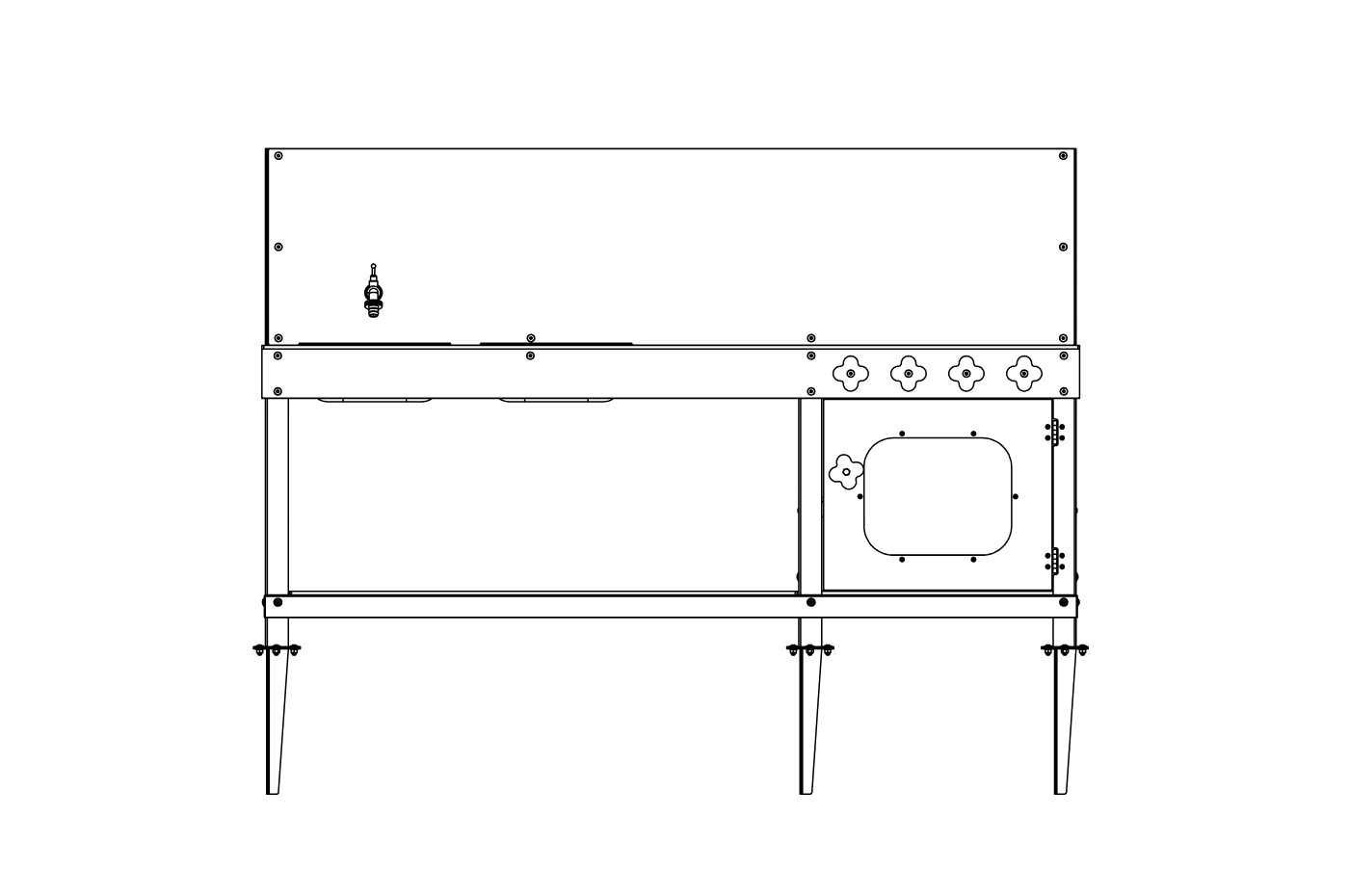 Technical drawing KE01, front view: back panel with tap, worktop with two basins, four burner knobs, oven door and three legs with anchors