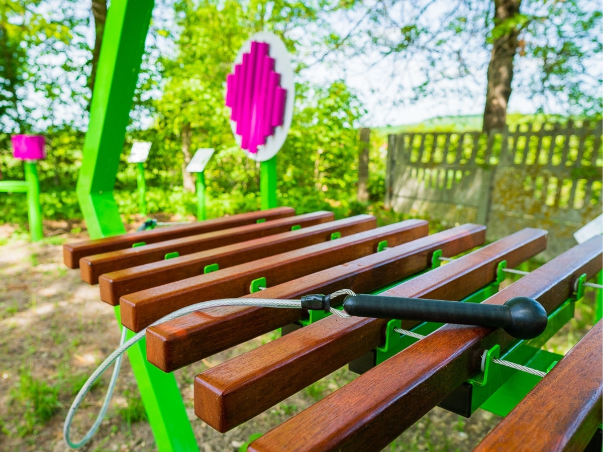 Rząd ośmiu drewnianych płytek ksylofonu zawieszonych w&nbsp;zielonej stalowej ramie, przed nimi dłoń dziecka z&nbsp;pałką