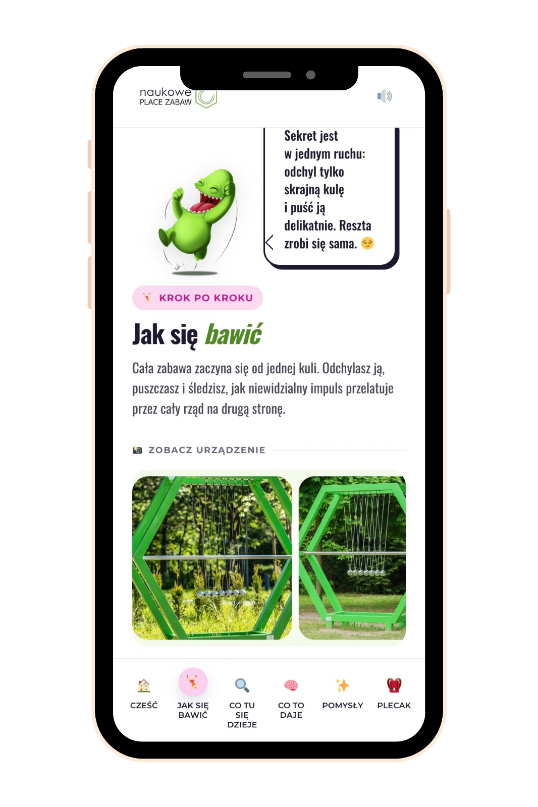 Mobilna strona urządzenia Kołyska Newtona na telefonie po zeskanowaniu kodu QR