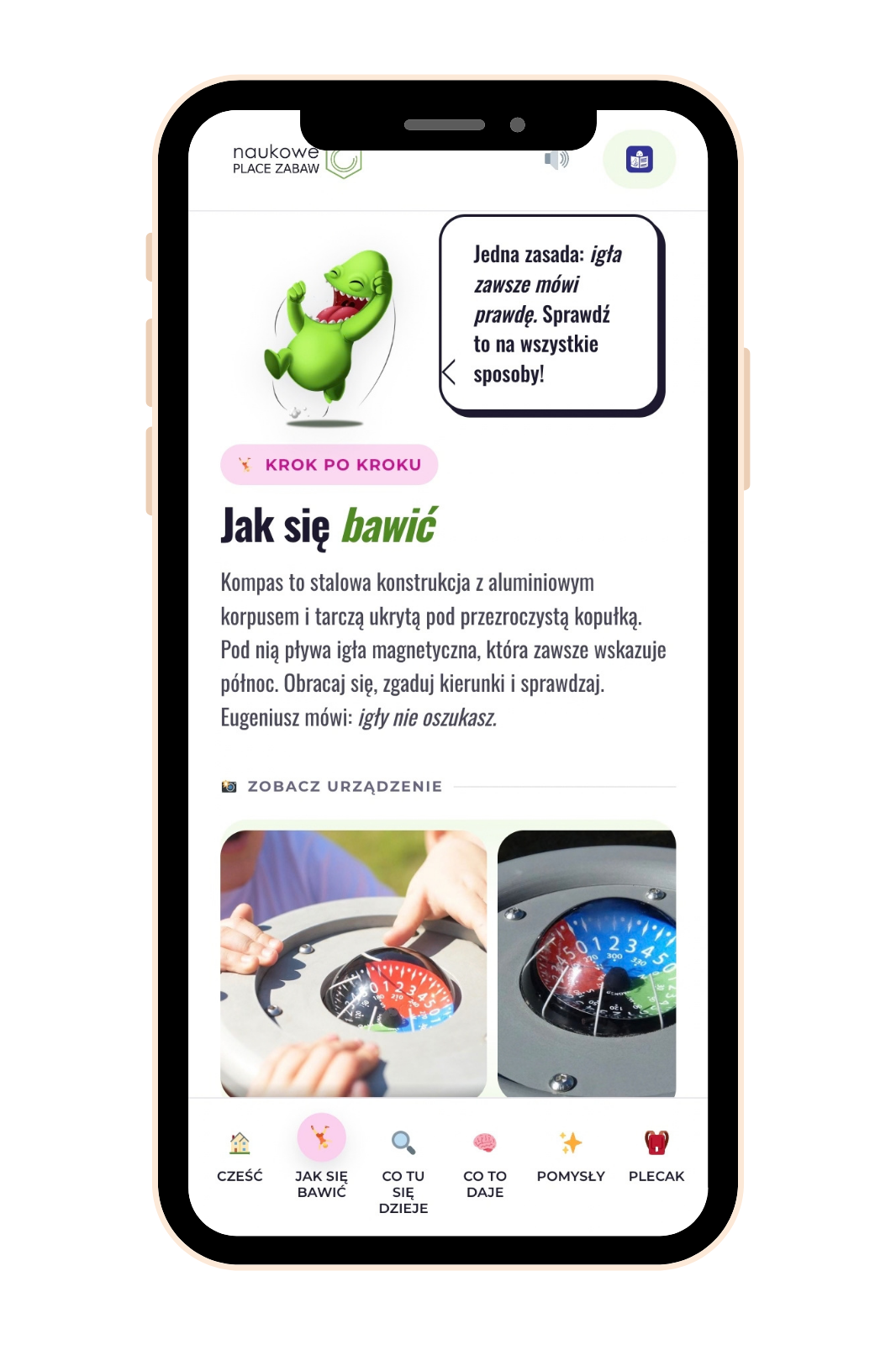 Mobilna strona urządzenia Kompas na telefonie po zeskanowaniu kodu QR