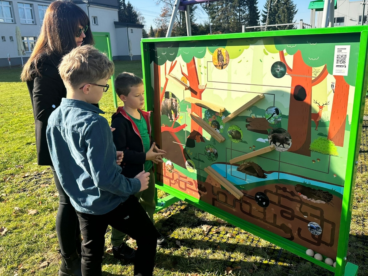 Stalowa płaszczyzna kulodromu z&nbsp;ułożoną trasą z&nbsp;drewnianych torów, grafika wokół torów widoczna w&nbsp;świetle dziennym