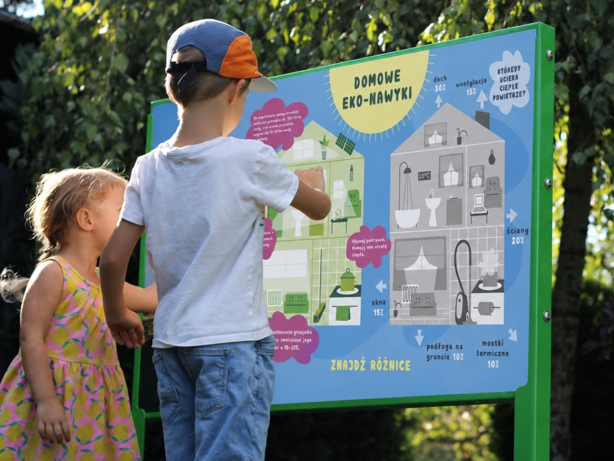 Stalowy słupek tablicy edukacyjnej ze śrubami regulacji wysokości, tablica osadzona w&nbsp;trawniku