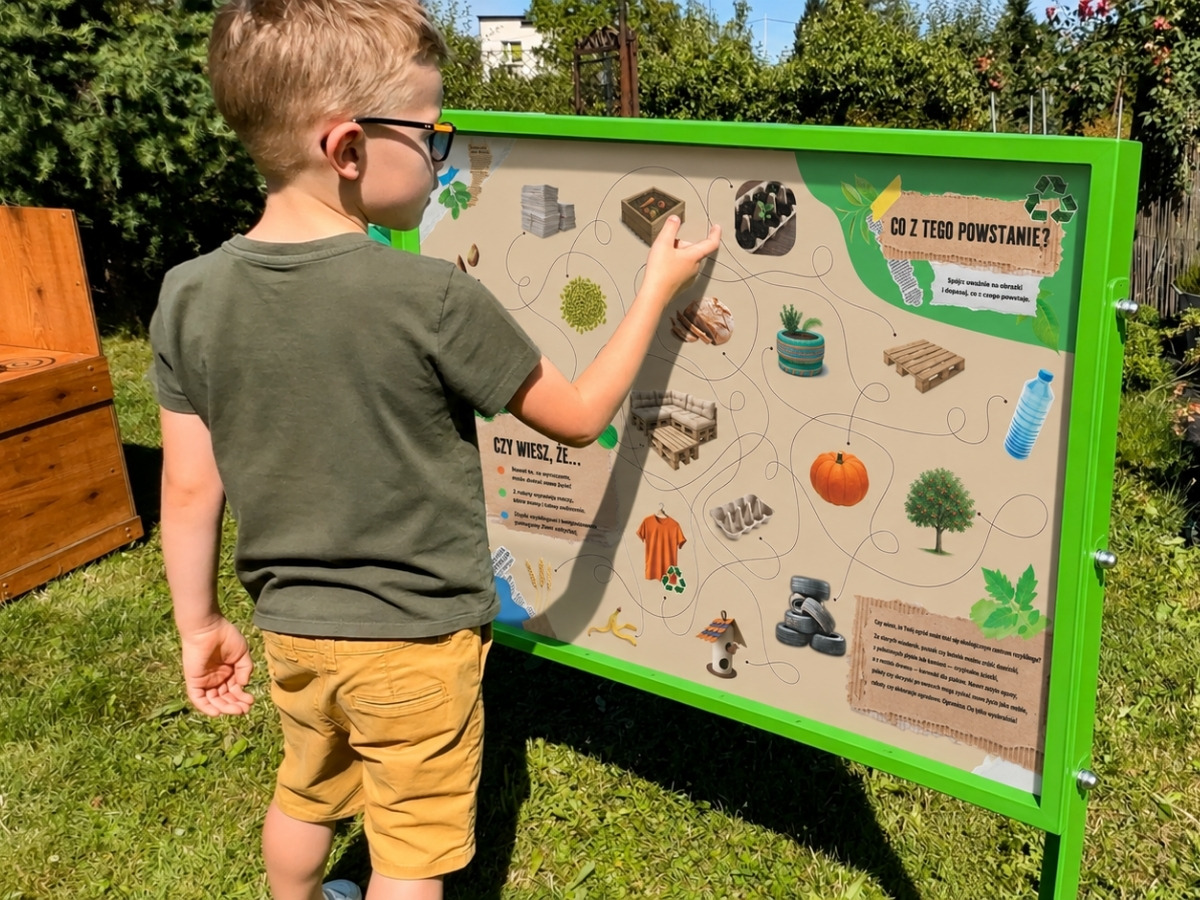 Dłoń dziecka przykłada magnetyczny element do stalowej planszy tablicy edukacyjnej