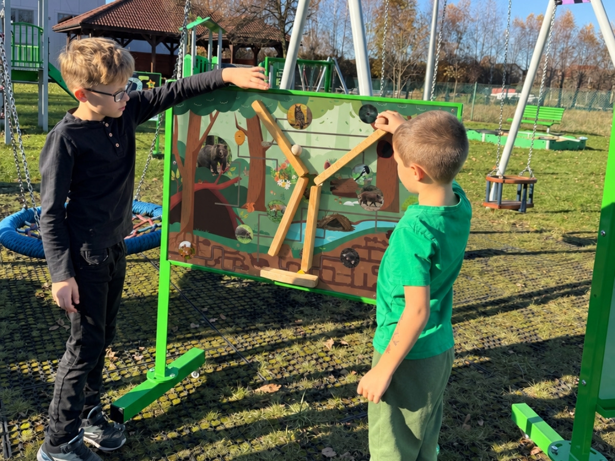 Komplet drewnianych torów i&nbsp;kulek do tablicy edukacyjnej z&nbsp;kulodromem Leśne historie