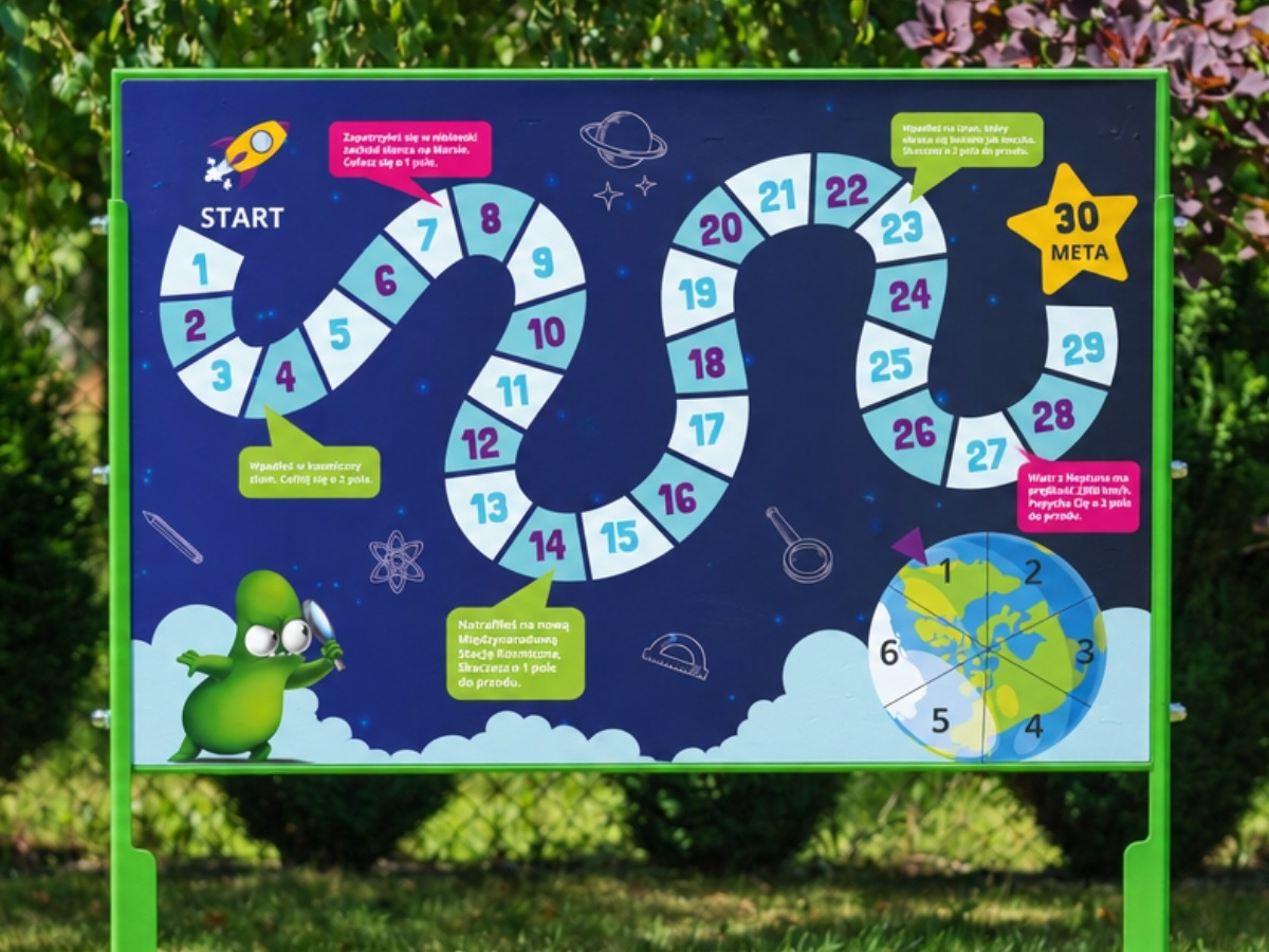 Plansza tablicy z&nbsp;grą planszową: tor gry z&nbsp;kolorowymi polami, pole START i&nbsp;grafika tematyczna
