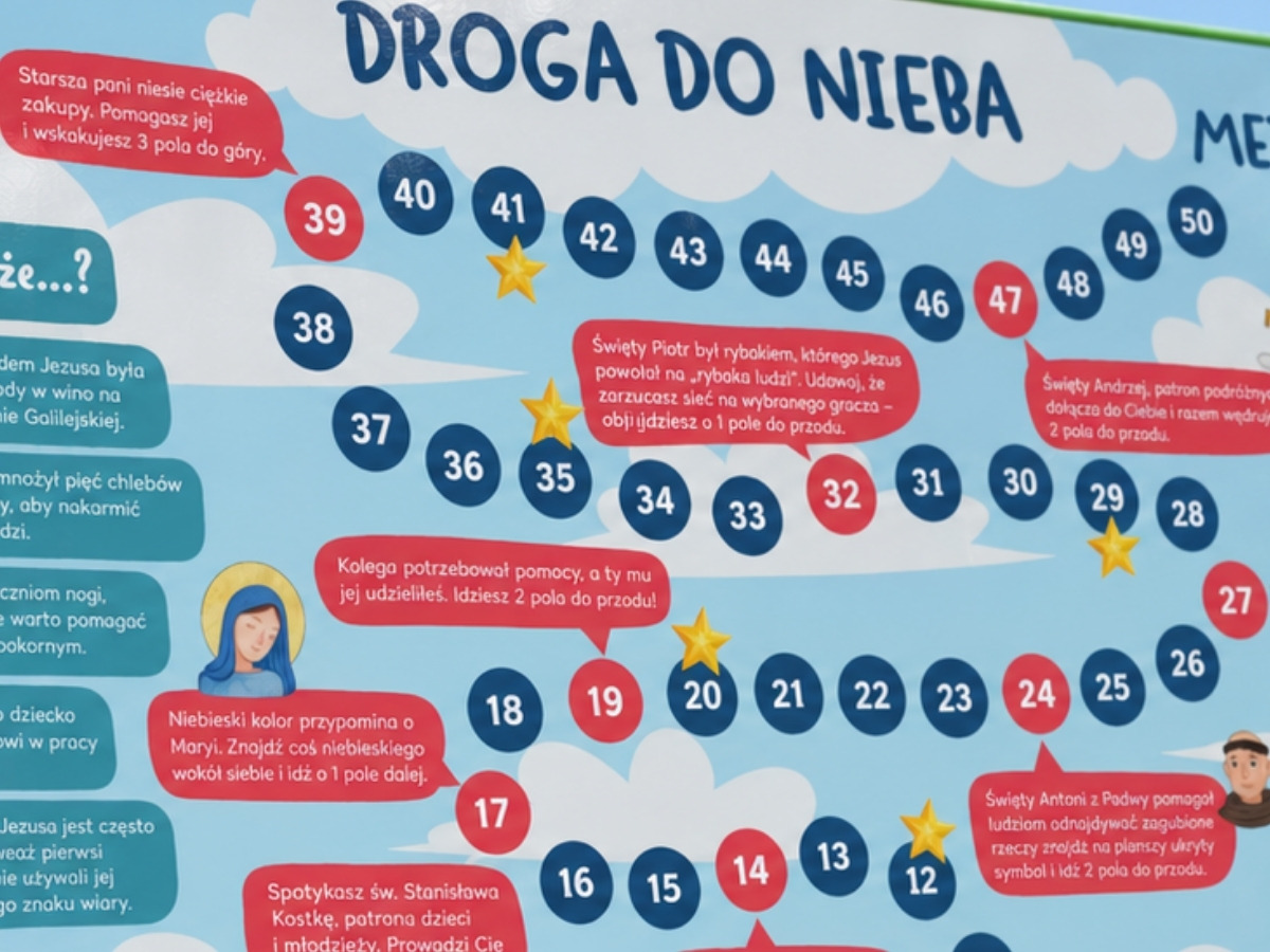 Zbliżenie na pola specjalne toru gry: pole przesuwające do przodu i&nbsp;pole z&nbsp;zadaniem