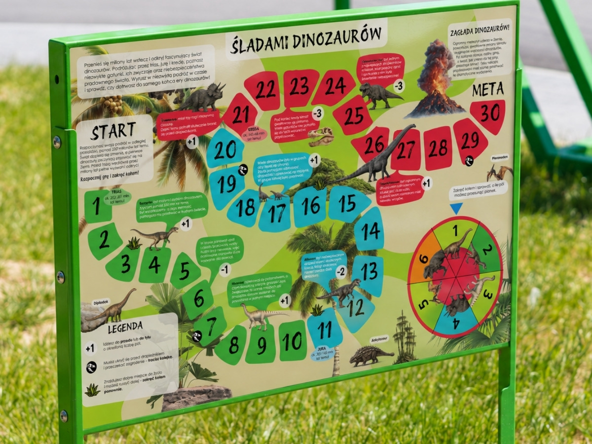 Plansza tablicy z&nbsp;grą planszową: tor gry z&nbsp;kolorowymi polami, pole START i&nbsp;grafika tematyczna