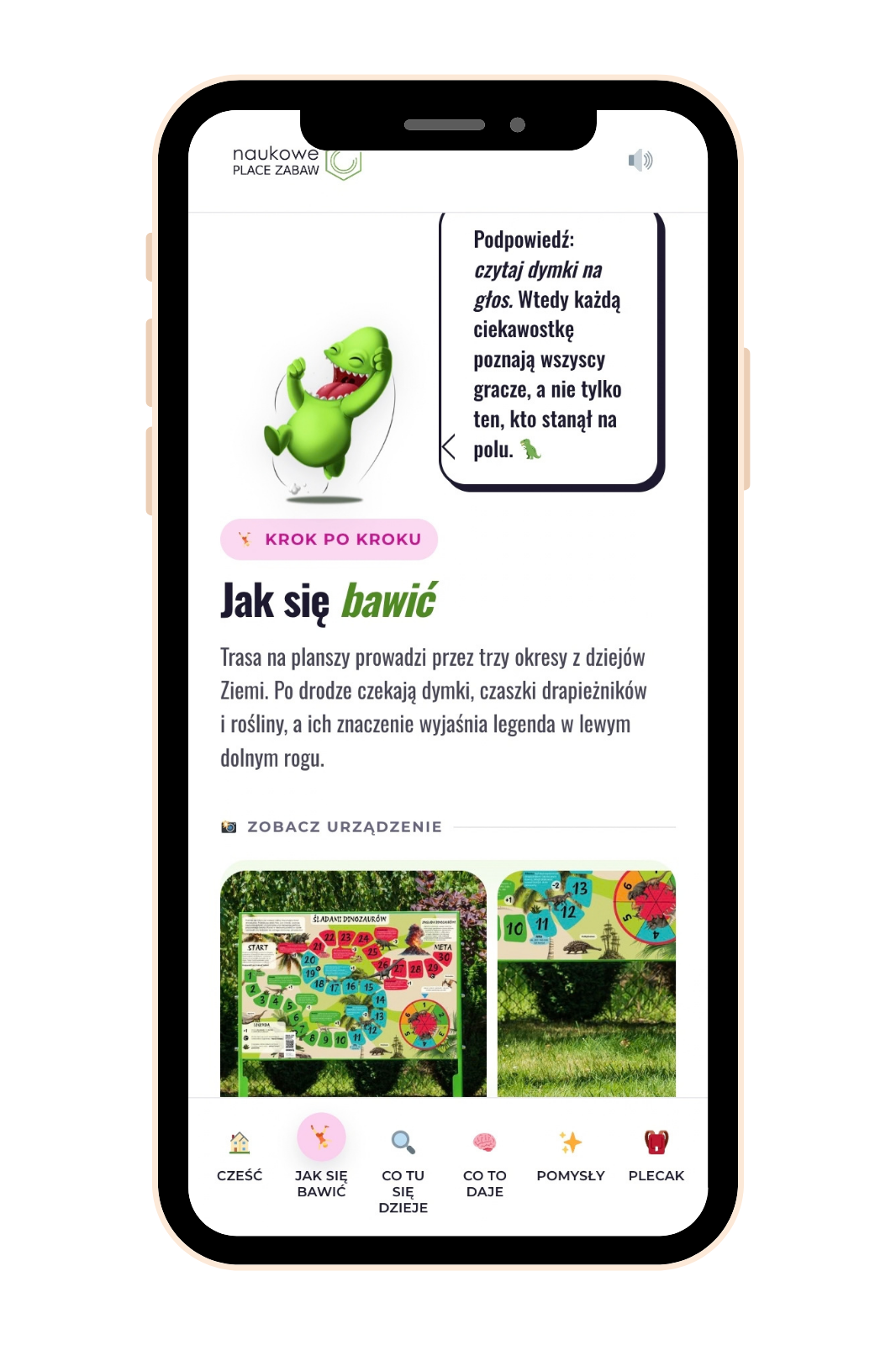 Mobilna strona urządzenia Tablica z grą edukacyjną - Śladem dinozaurów na telefonie po zeskanowaniu kodu QR