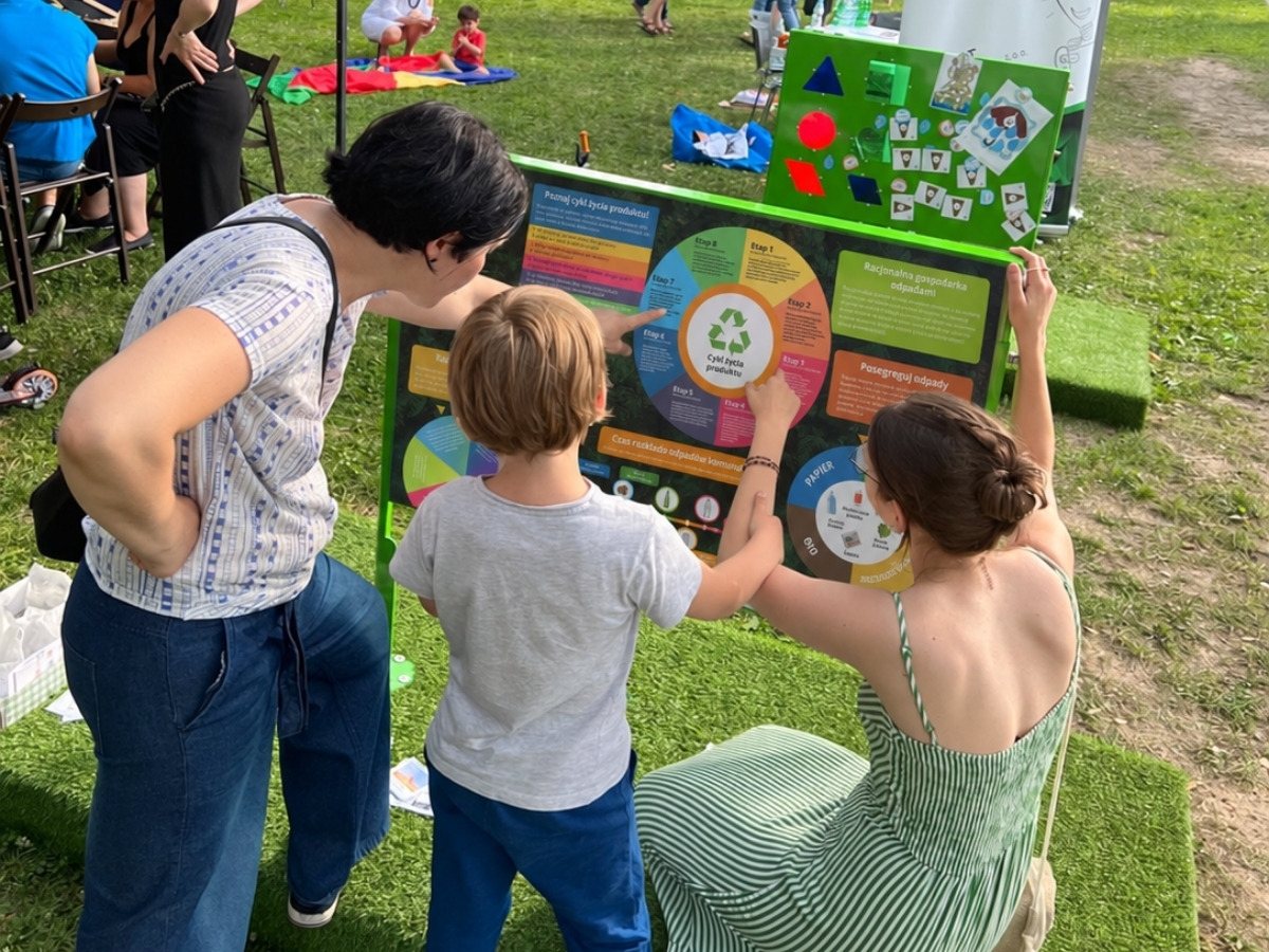 Magnesy Edu-Box przyłożone do tablicy: zdjęcia odpadów przy kolorowych pojemnikach
