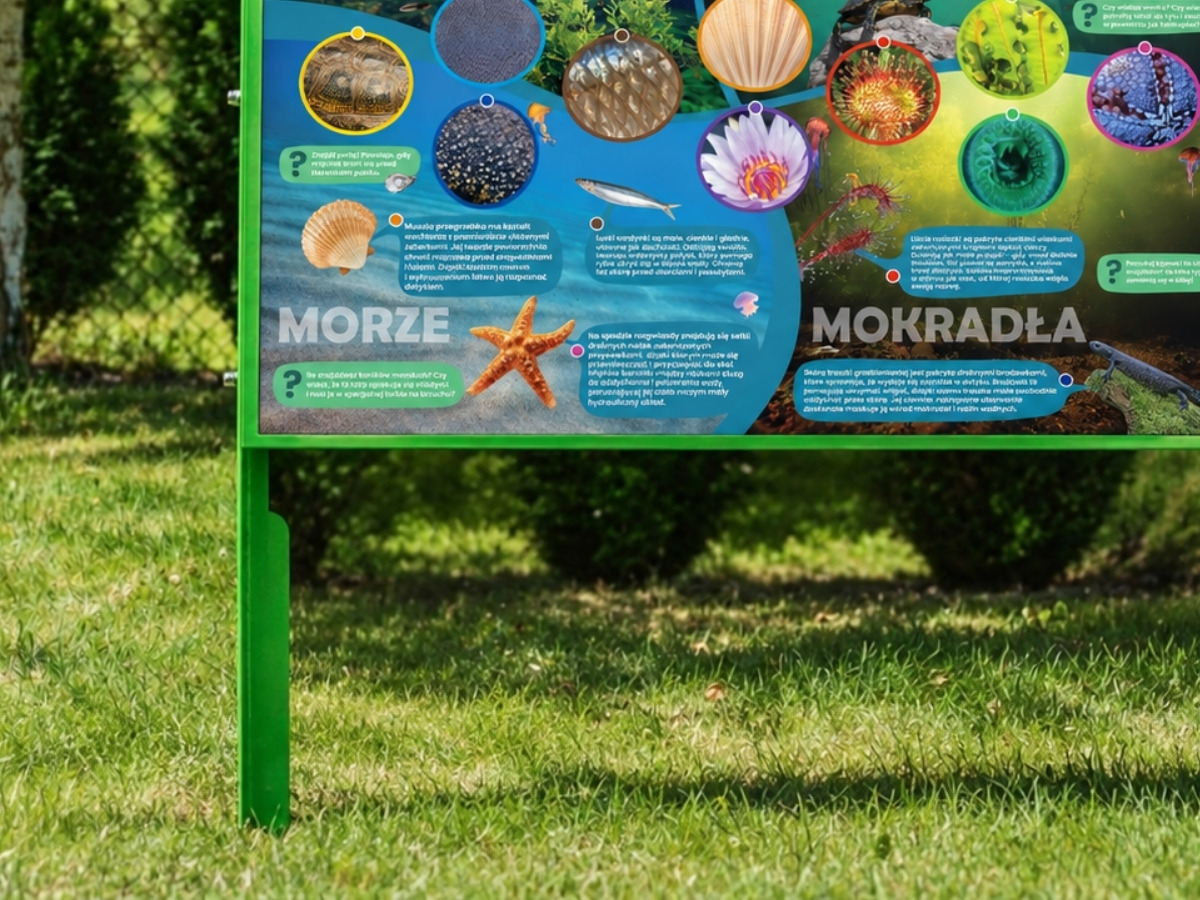 Tablica dotykowa Hapti osadzona w&nbsp;trawniku, obok stoi dziecko z&nbsp;dłońmi na strefie faktur