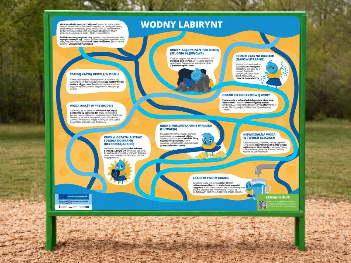 Plansza z naklejką wykonaną na zamówienie, wzór „Wodny labirynt”, na zielonej ramie