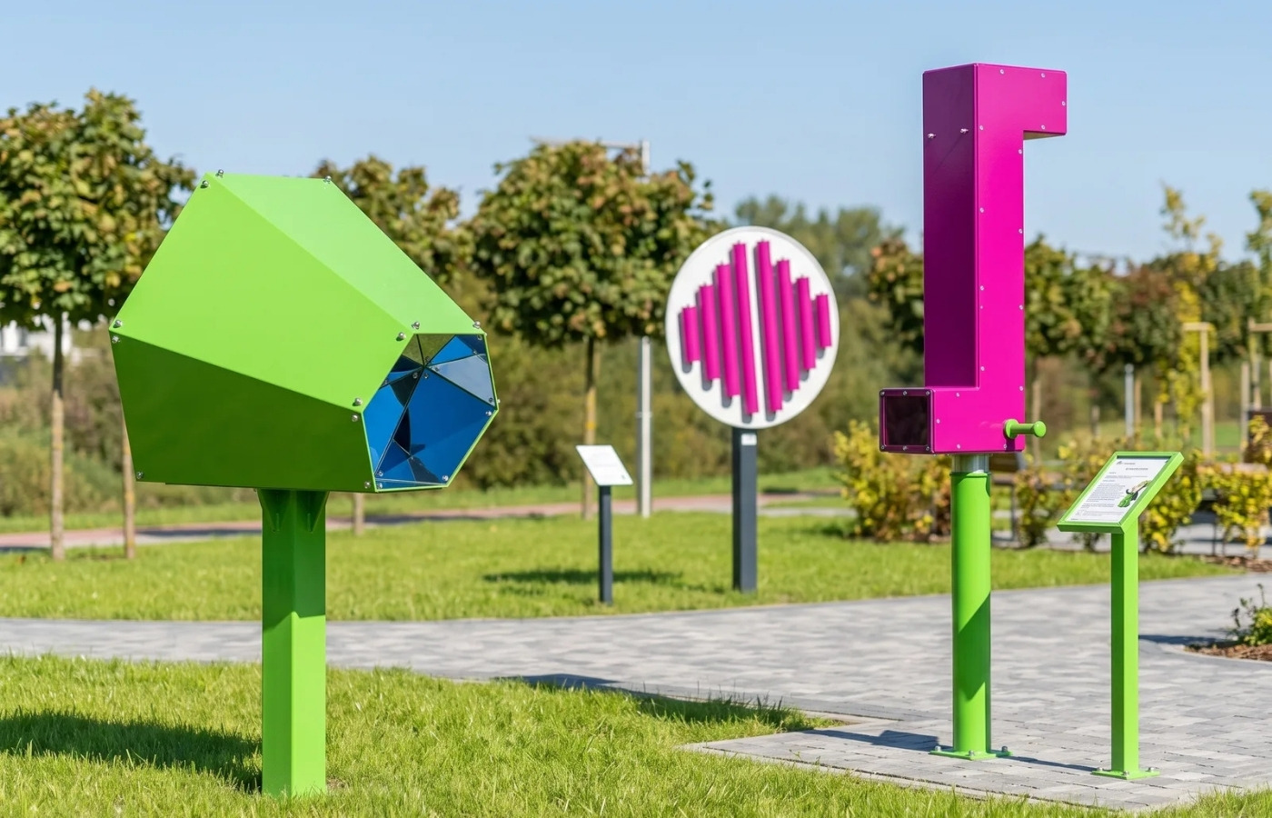 Urządzenia akustyczne w&nbsp;parku: zielony lejek, panel z&nbsp;falą dźwiękową i&nbsp;różowa tuba