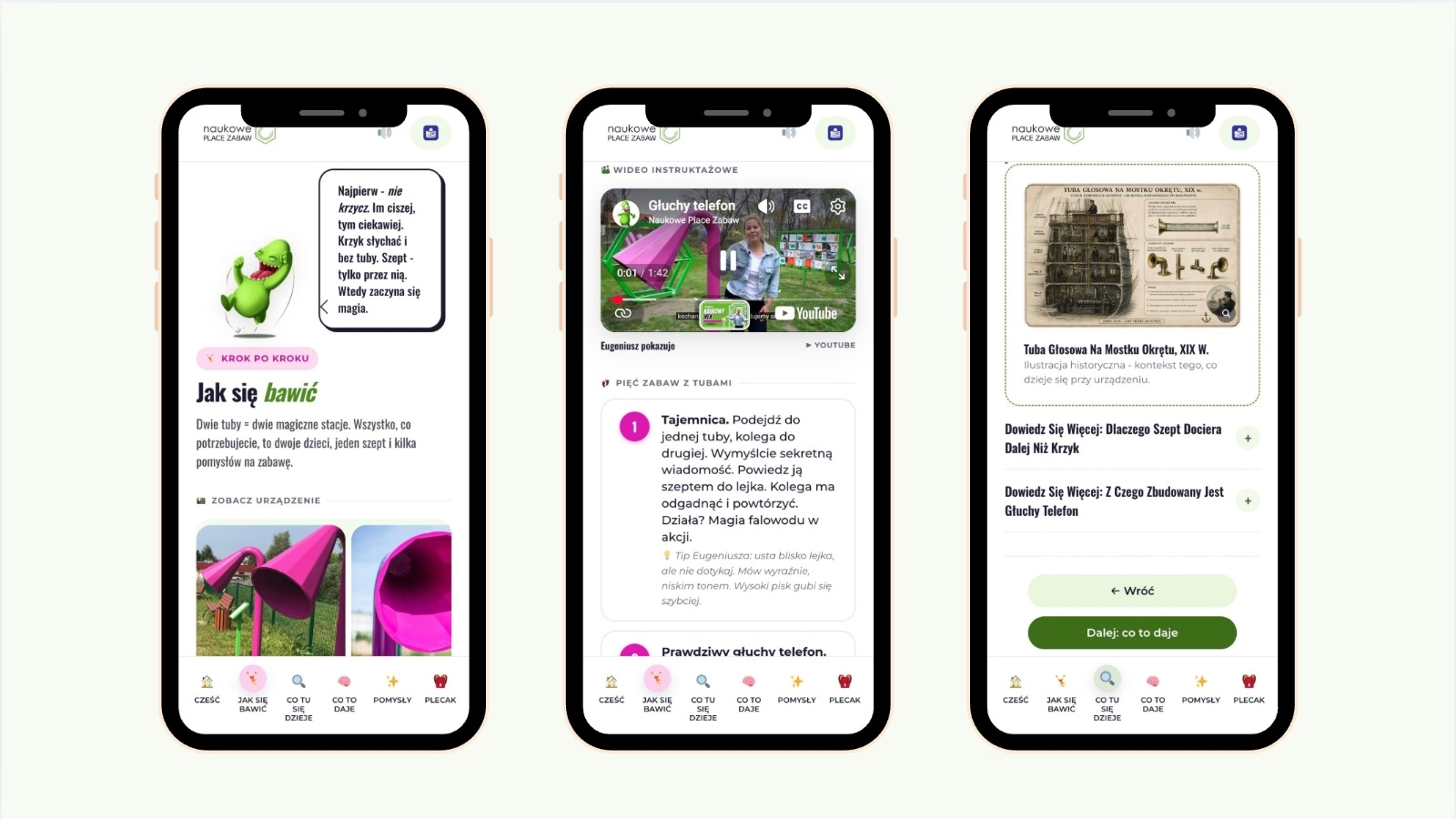 Trzy ekrany platformy QR+ w&nbsp;telefonach: zabawy z&nbsp;tubami, film instruktażowy i&nbsp;ilustracja historyczna